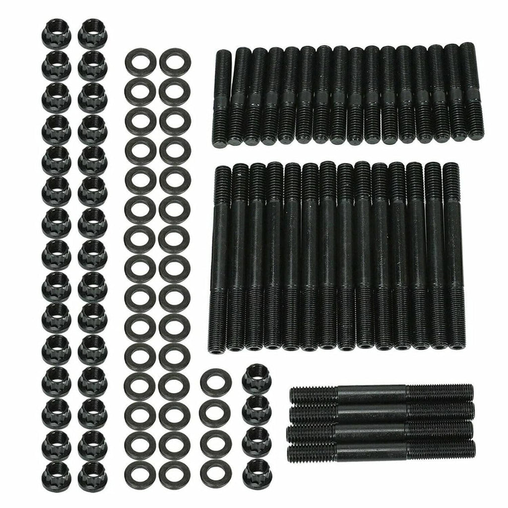Cylinder head stud kit with black studs, round washers, and black nuts