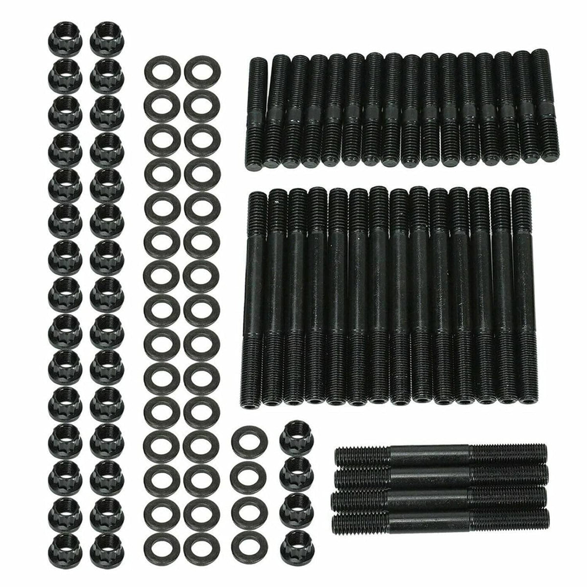 Cylinder head stud kit with black studs, round washers, and black nuts