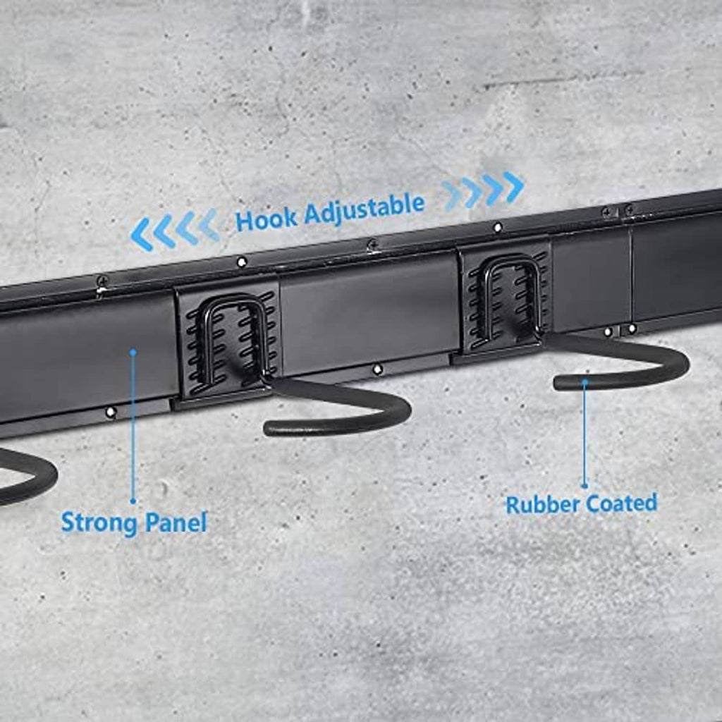 Bike storage rack with adjustable hooks and rubber-coated support arms