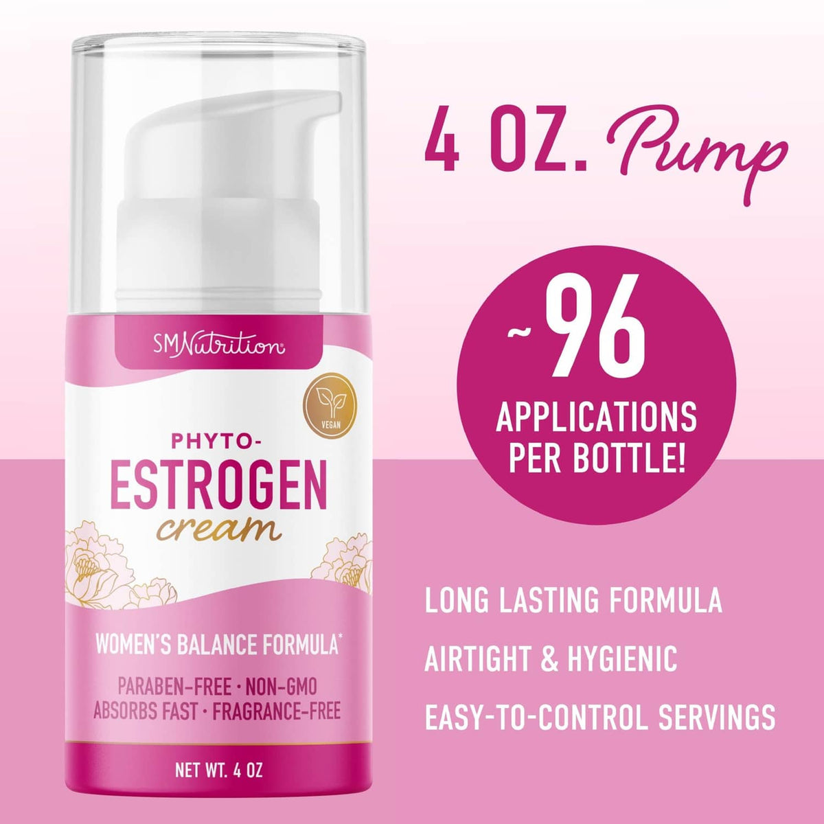 Phyto-estrogen cream bottle with pink label and 4 oz pump
