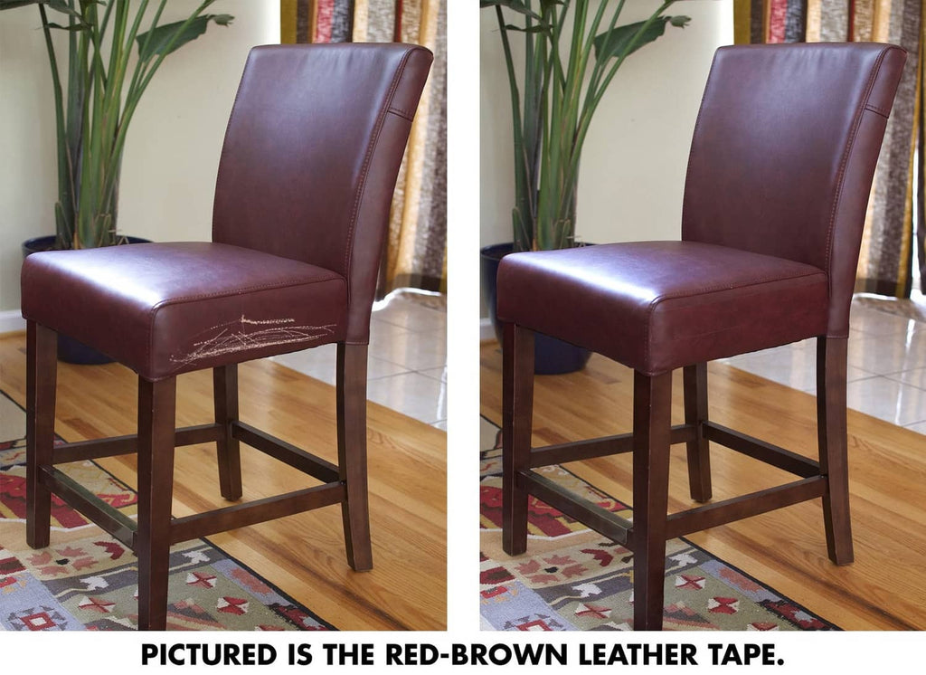 Match 'N Patch realistic leather repair tape on red-brown leather chair seat, side view.
