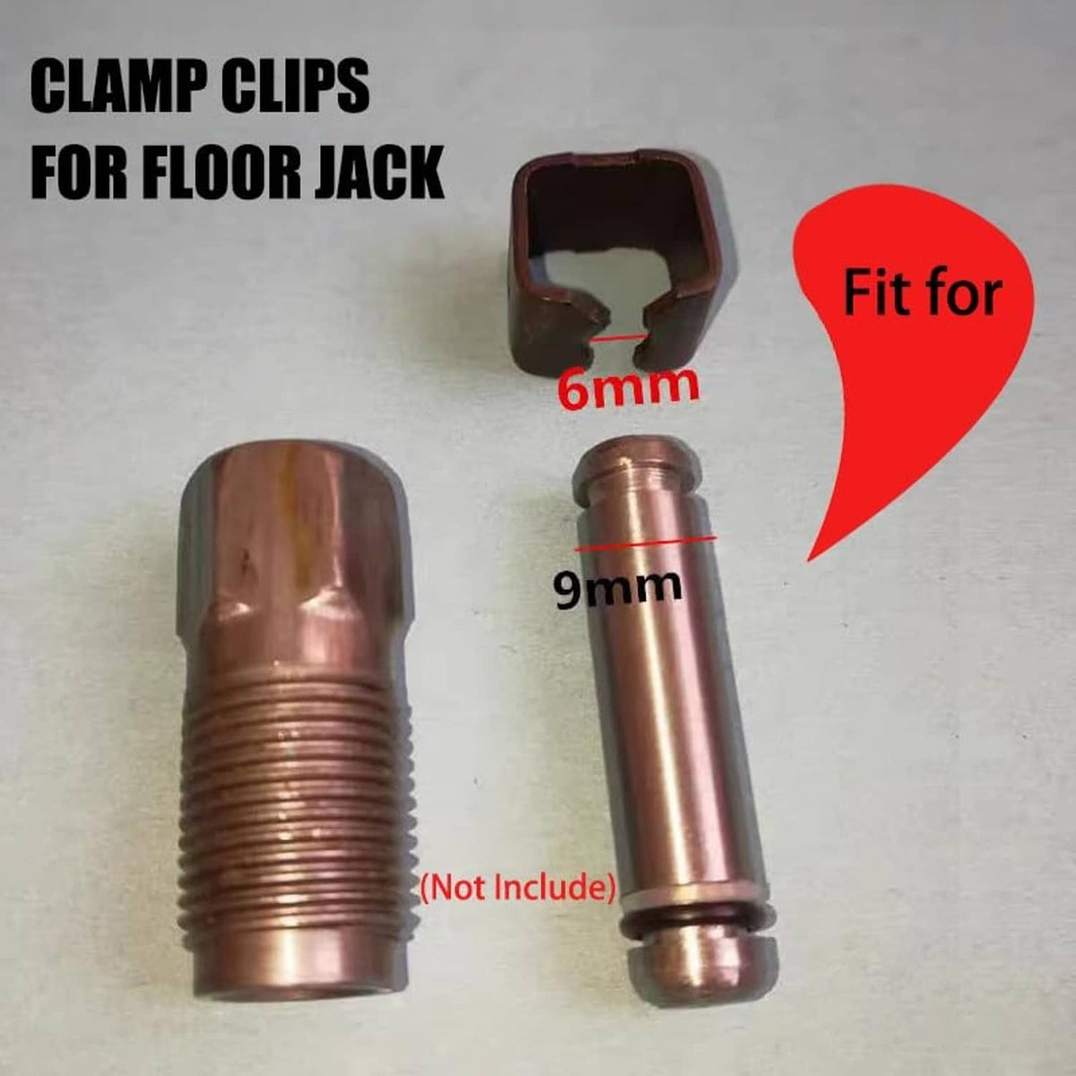 Floor jack clamp clips with copper-colored threaded studs and one black clip
