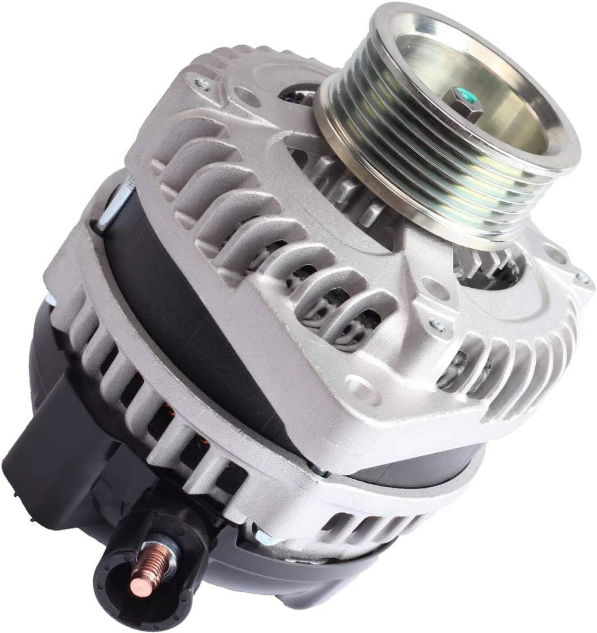 Alternator with threaded pulley hub and side cooling fins, showing black electrical connector