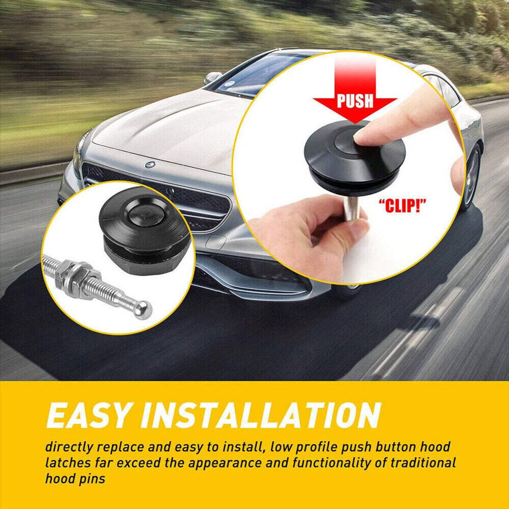 Push-button hood latch pin installed on a car hood, black cap with finger press