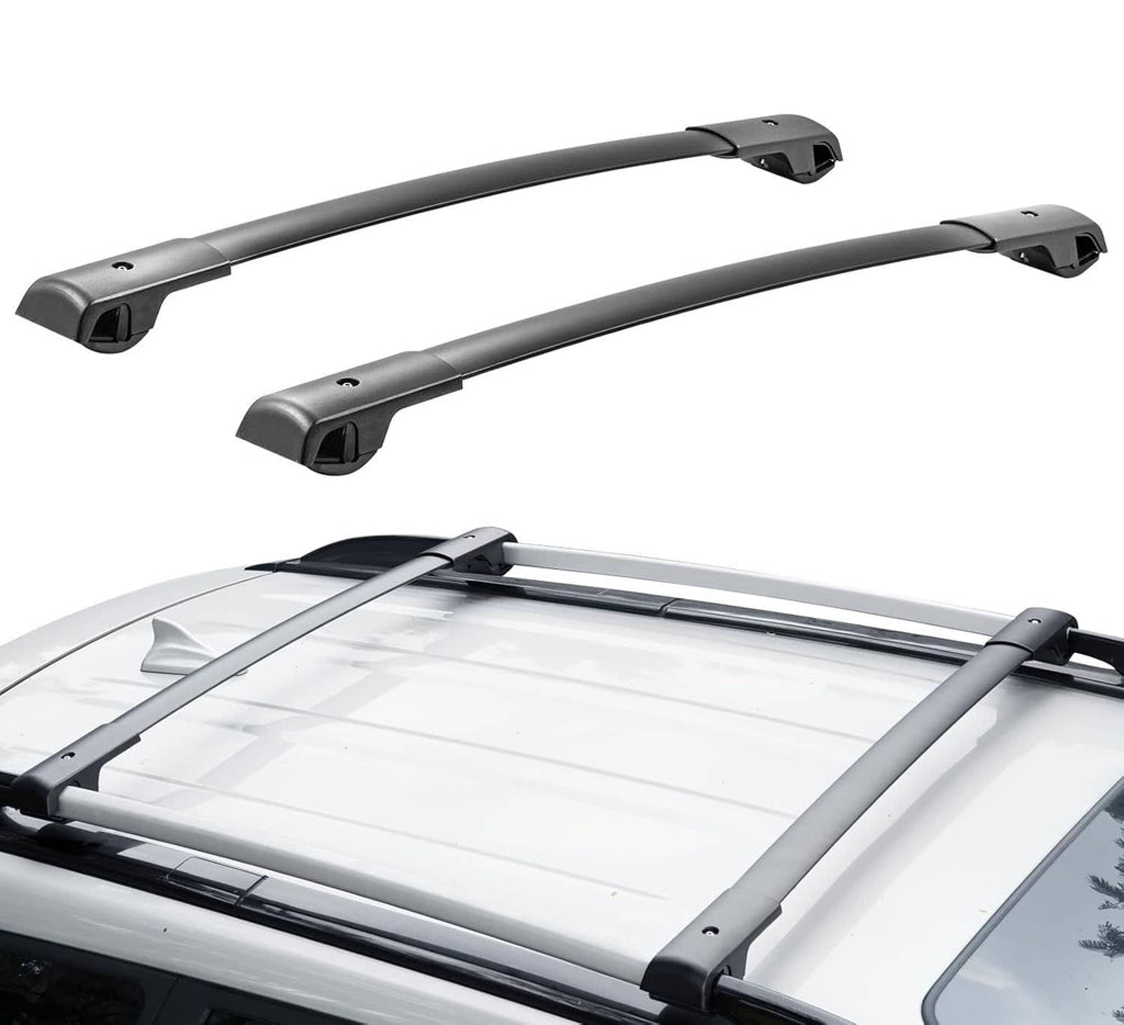 Pair of black aluminum roof rack cross bars mounted on a vehicle roof