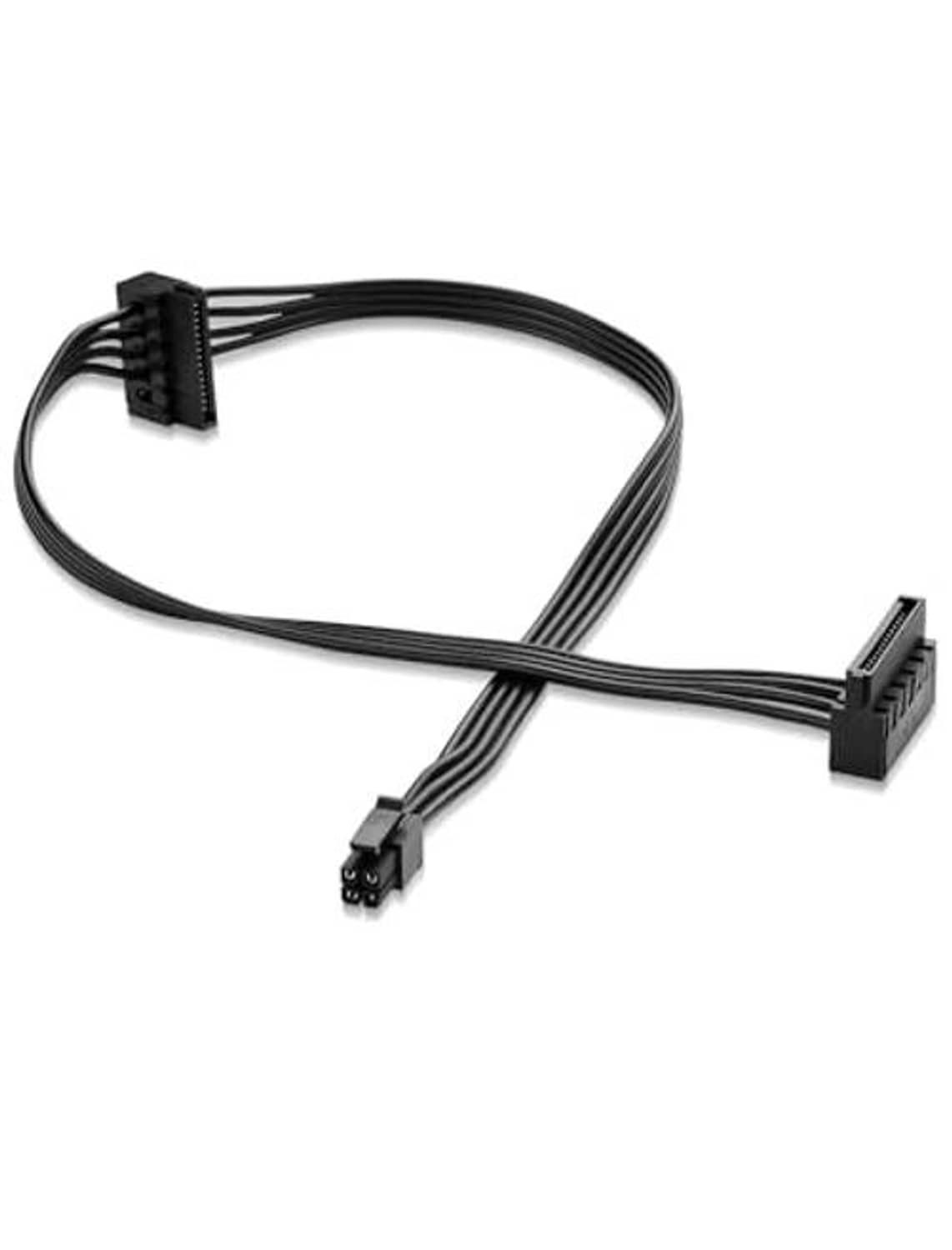 Black ATX 4-pin to dual SATA 15-pin adapter extension cable with dual SATA plugs