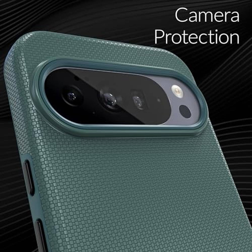 Forest green textured phone case close-up with raised camera protection