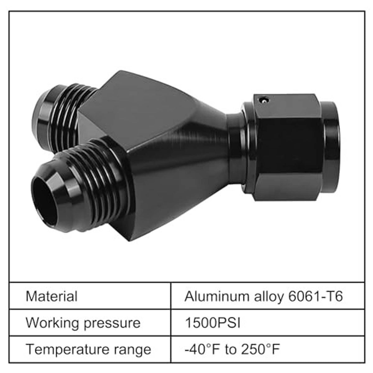 Black AN flare Y-block union splitter with one right-side male threaded port