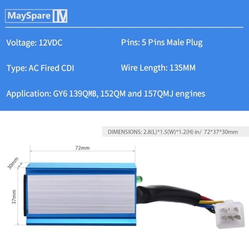 AC CDI box showing size diagram and wire harness with 5-pin male plug connector