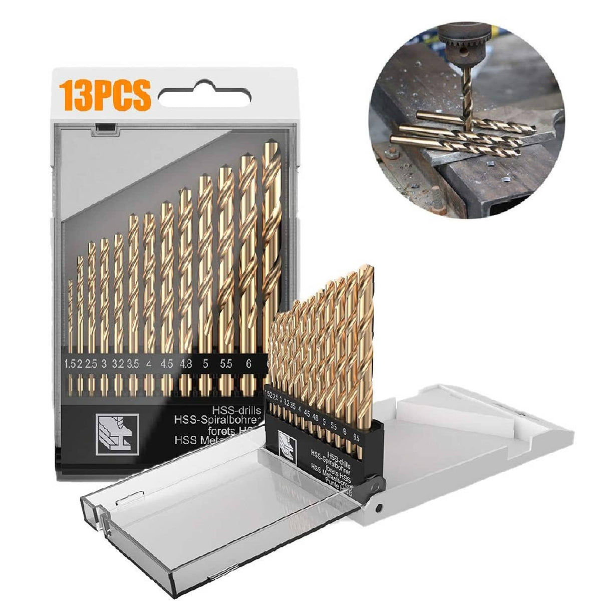 13-piece twist drill bit set with gold HSS cobalt-steel bits, shown in tray and pack