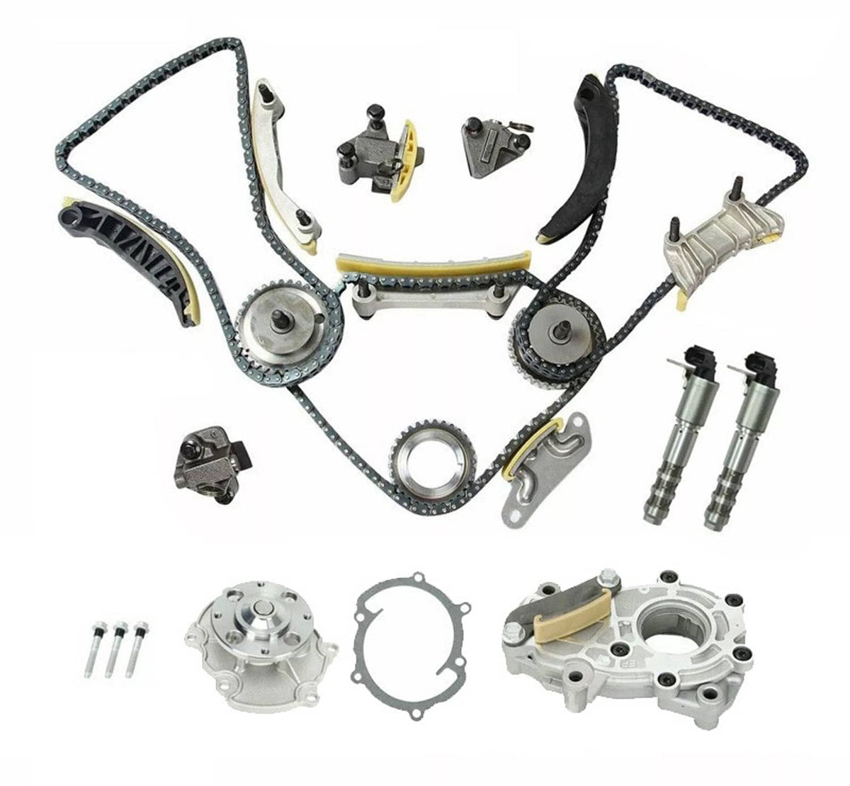Timing chain kit parts set with sprockets, chains, guides, and tension components