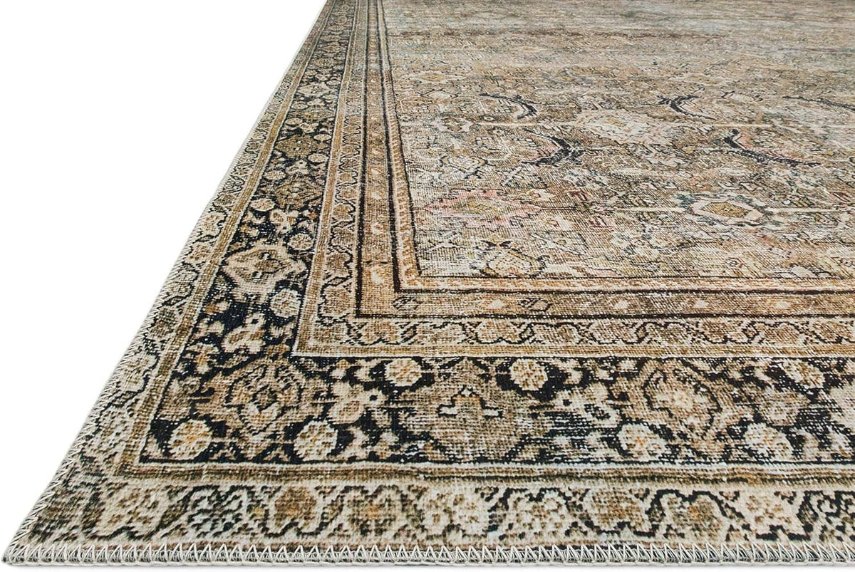Edge-to-edge view of vintage area rug with decorative border and multitone olive, charcoal, cream