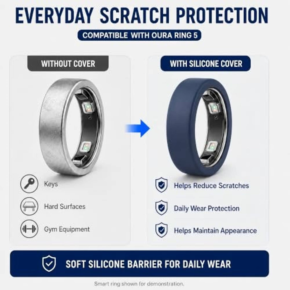 Silicone ring cover over a silver ring, showing protected front and side.