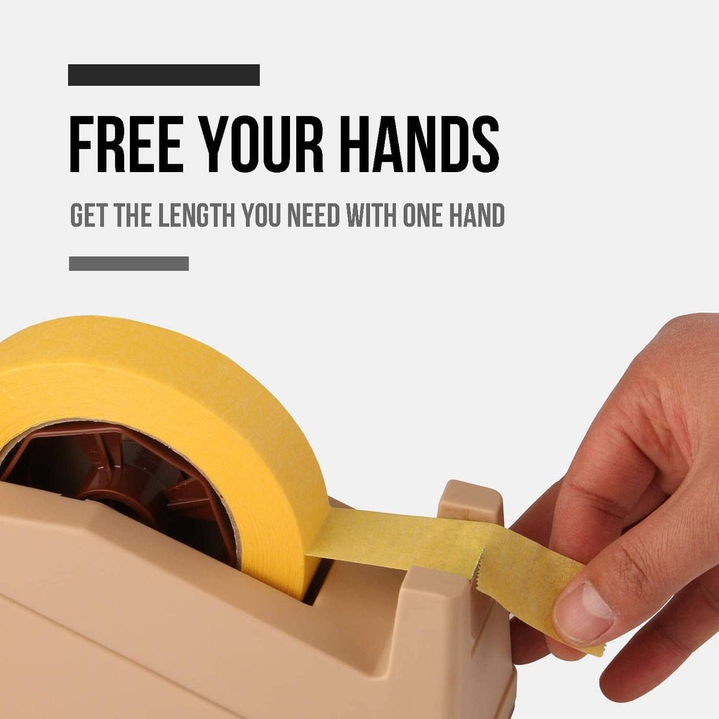 Beige tape dispenser with a yellow tape roll being pulled by a hand