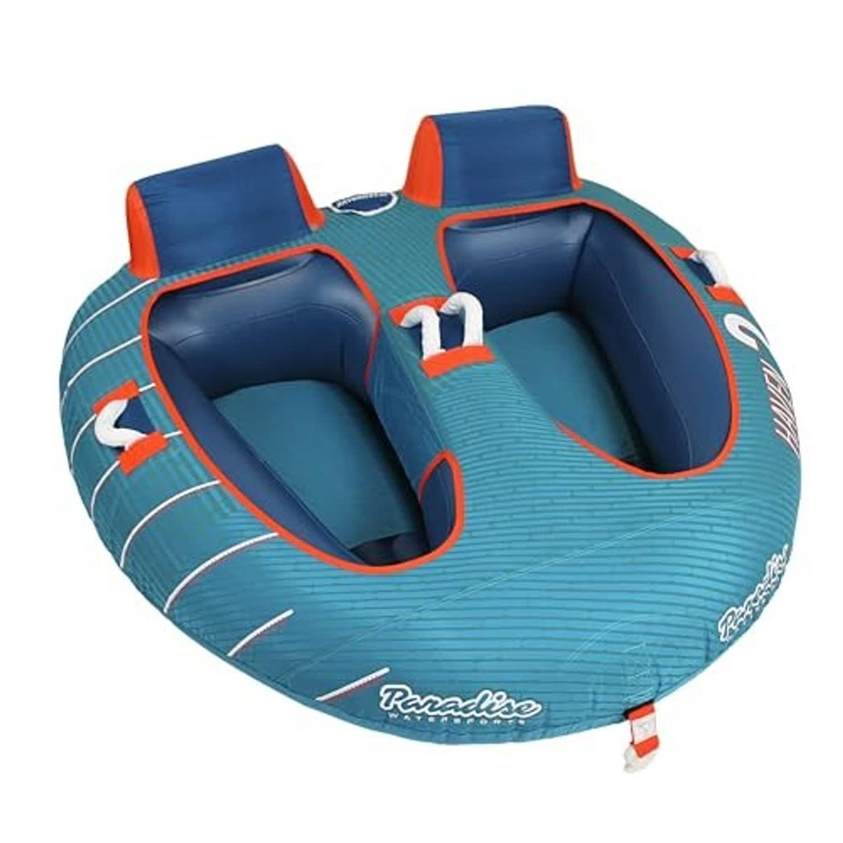 Teal and dark blue water towable tube with two captain-style seat pads and orange trim