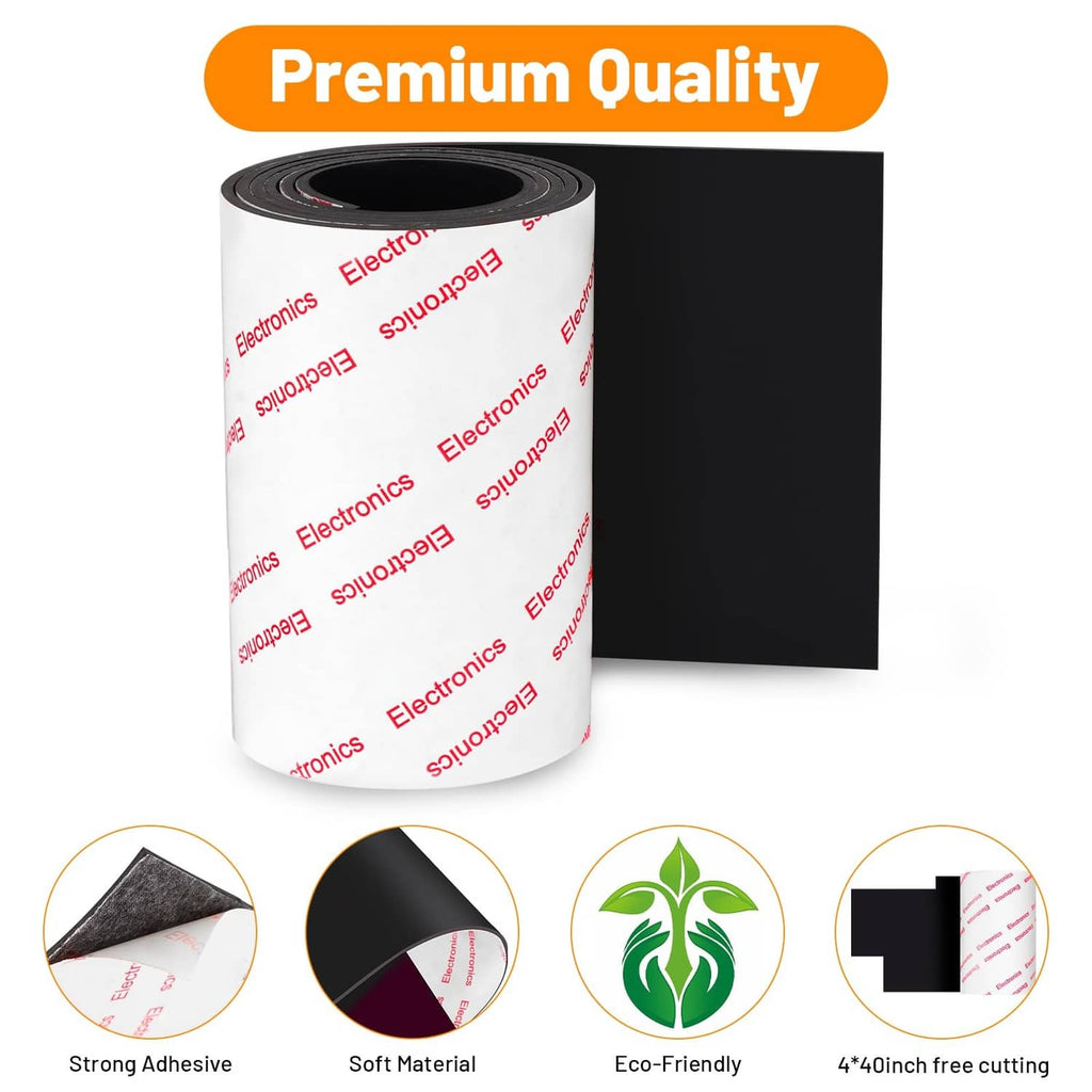 Non-slip rubber pad roll with black backing sheet and adhesive-backed corner detail