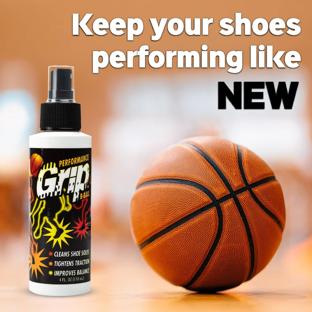 Performance Grip shoe sole spray bottle with black sprayer cap, beside orange basketball
