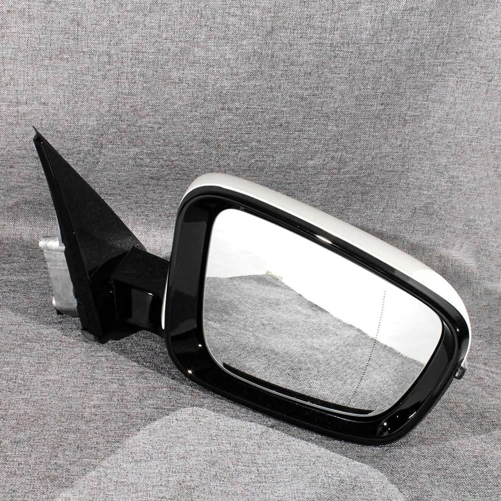 White passenger side mirror with black housing and glossy black trim