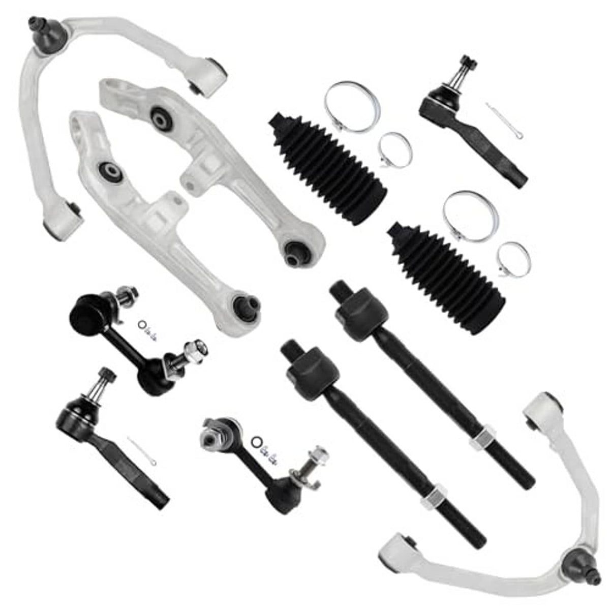 Front suspension kit with upper and lower control arms, ball joints, and black hardware
