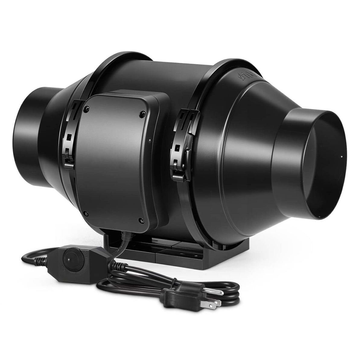 Black inline duct fan with speed controller and power cord on base stand