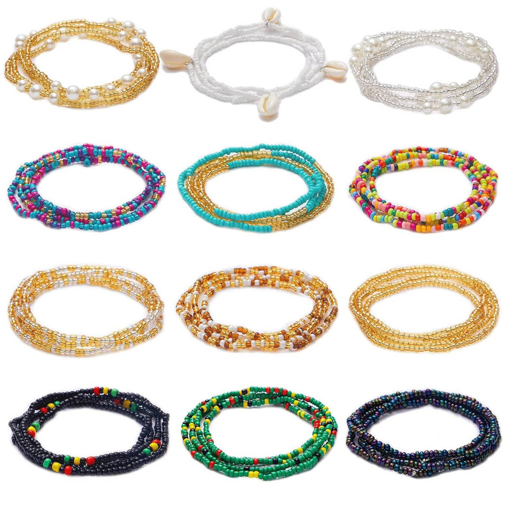 Set of 12 beaded waist chains in mixed colors, including pearls and multicolor beads