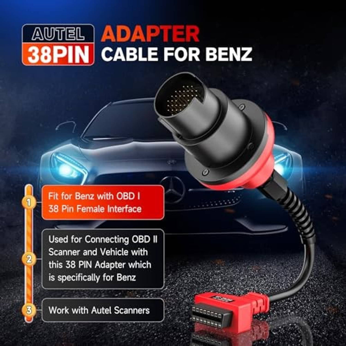OBDII adapter cable with AUTEL Original badge, red ring, round 16-pin connector end