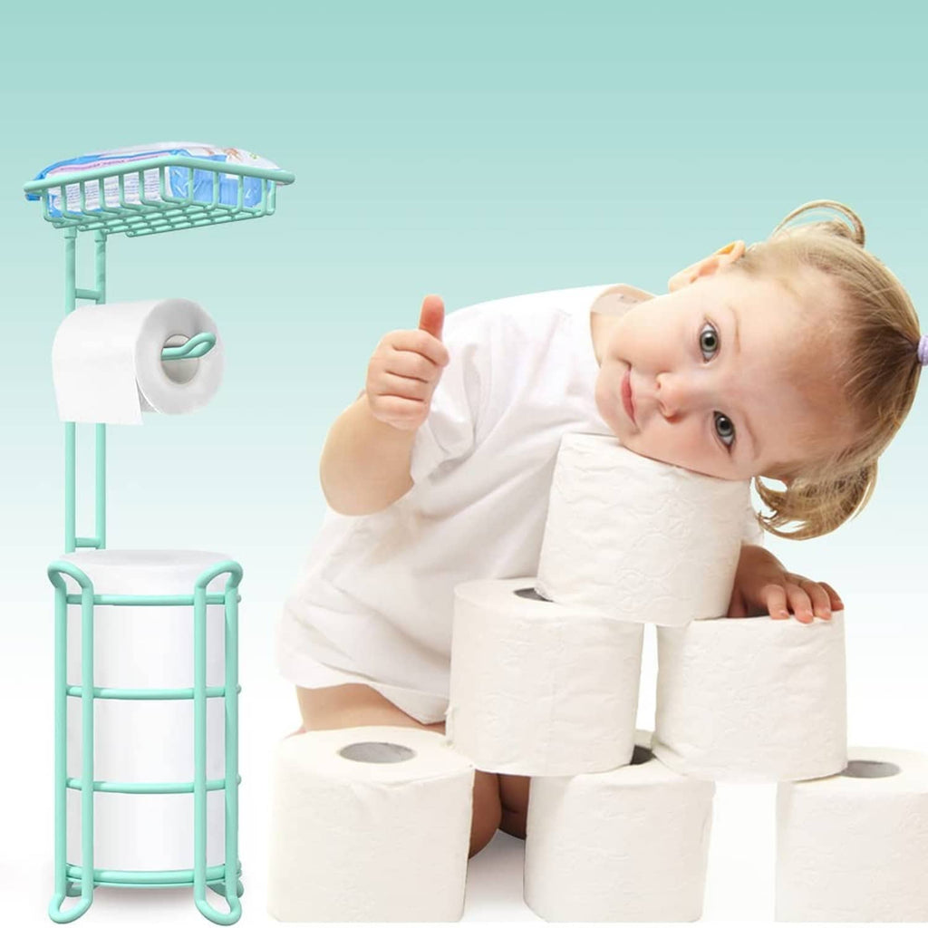 Mint toilet paper roll holder stand with top shelf wire basket and tissue roll