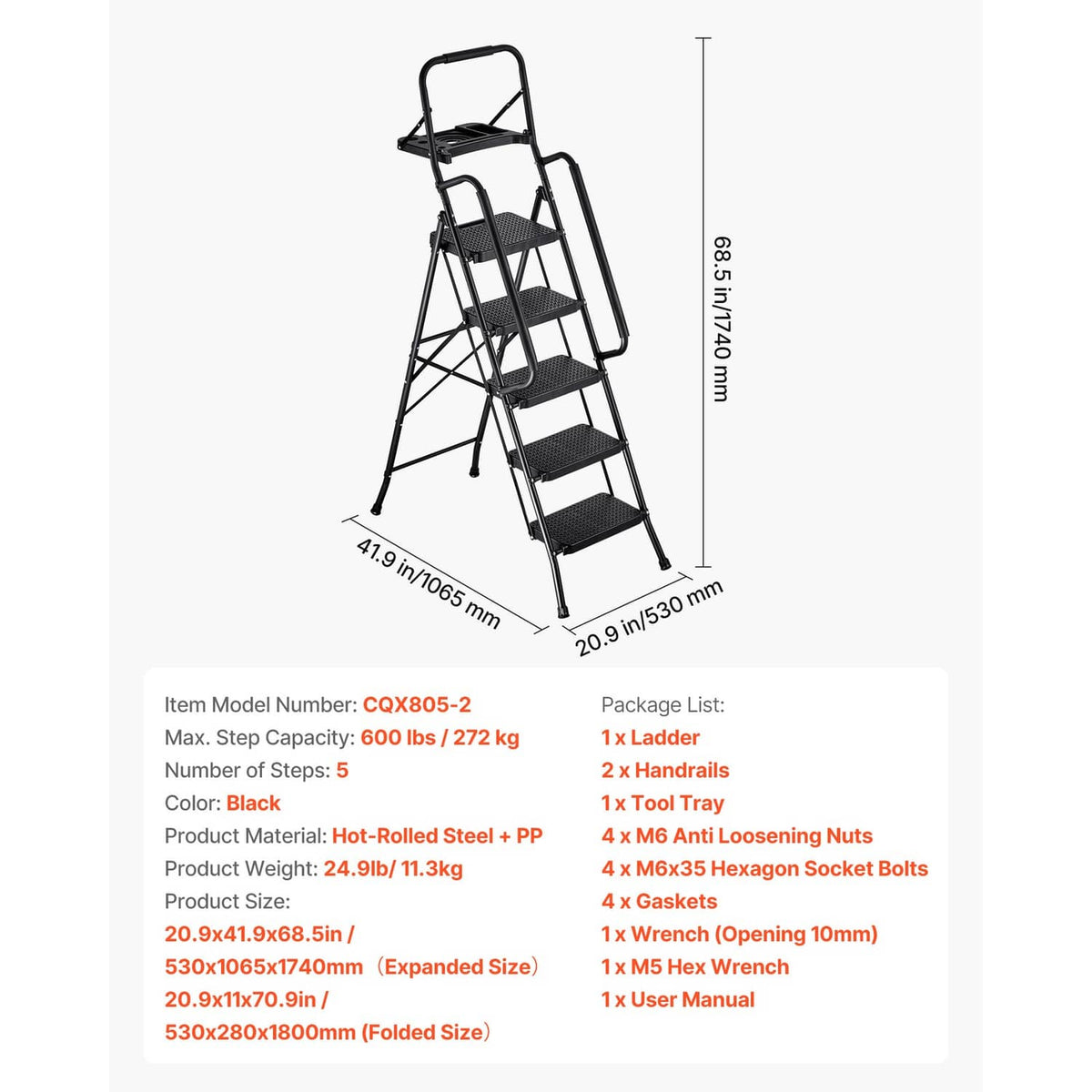 5-step folding ladder with black anti-slip mesh steps and dual handrails; size diagram