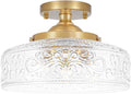 Gold semi-flush ceiling light with clear embossed glass shade and scalloped globe design