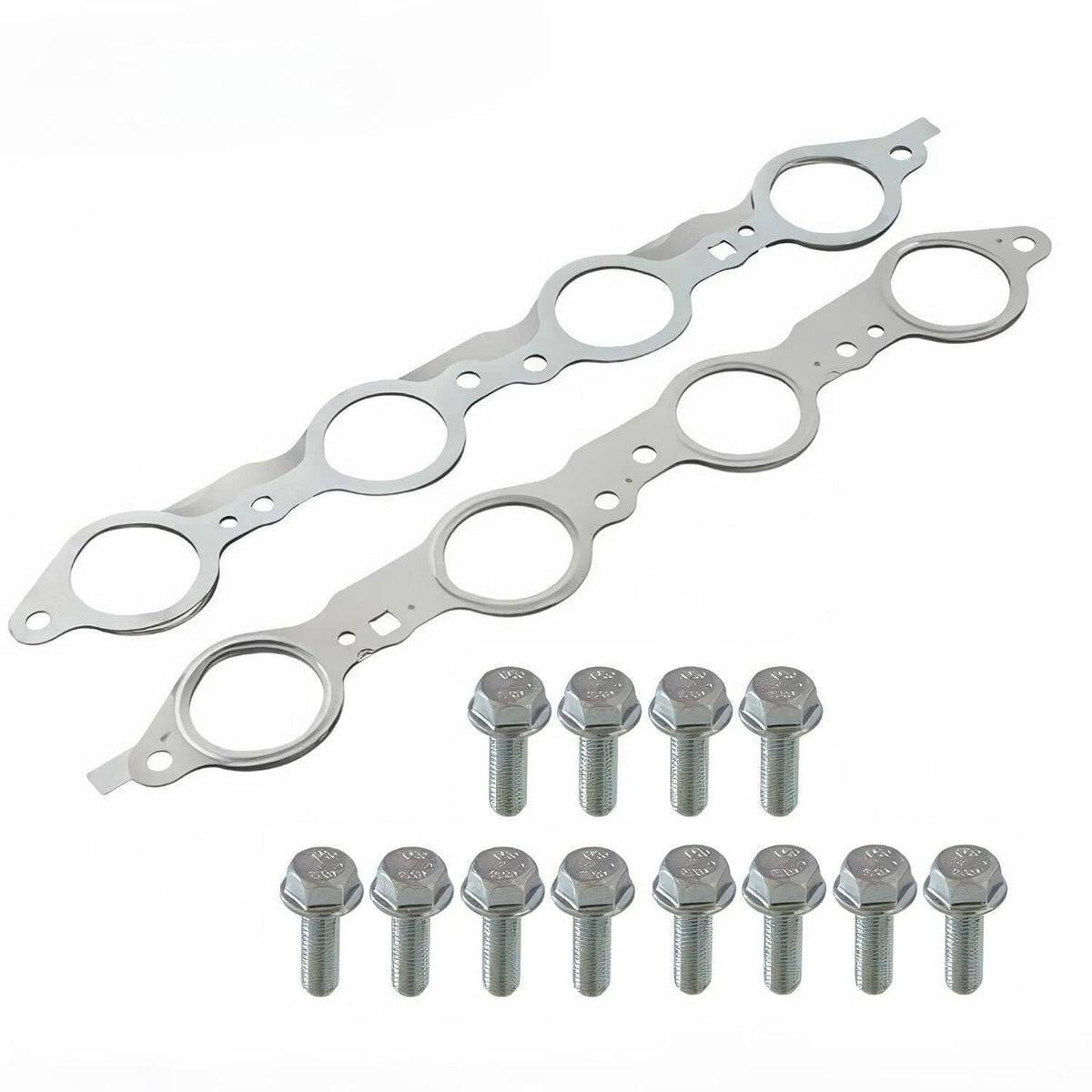 Exhaust manifold header gasket pair with circular sealing ports and included bolts