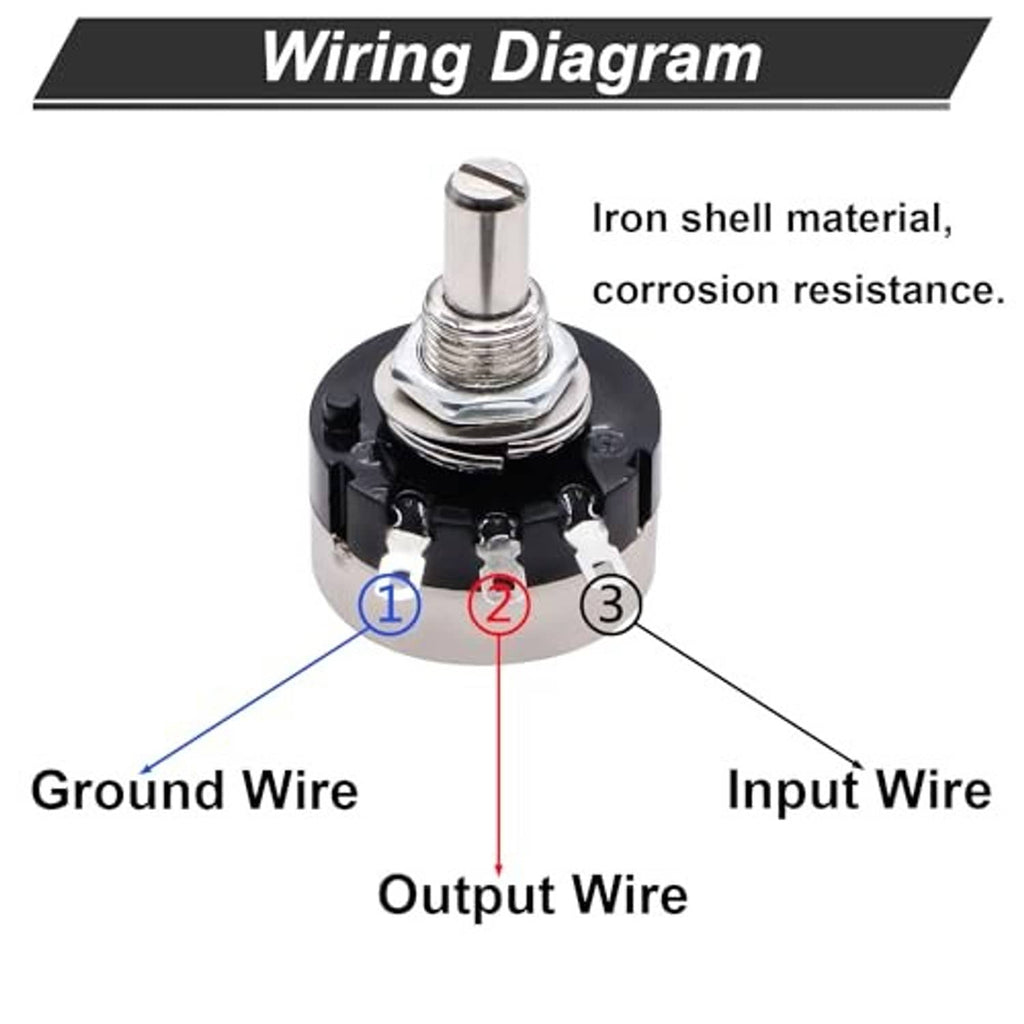 Rotary potentiometer wiring diagram with ground, output, and input wire terminals
