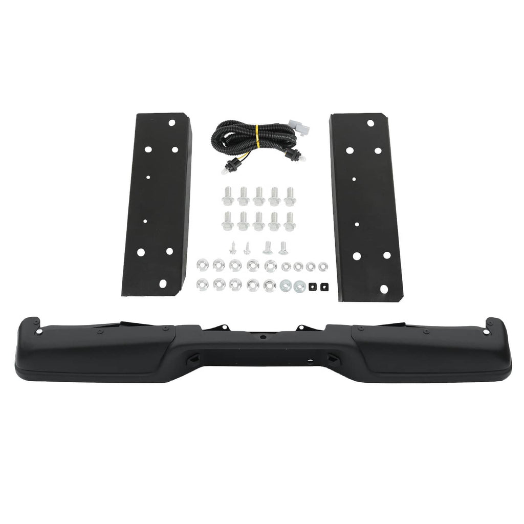 Rear step bumper kit with black bumper bar, side plates, hardware bolts, and wiring