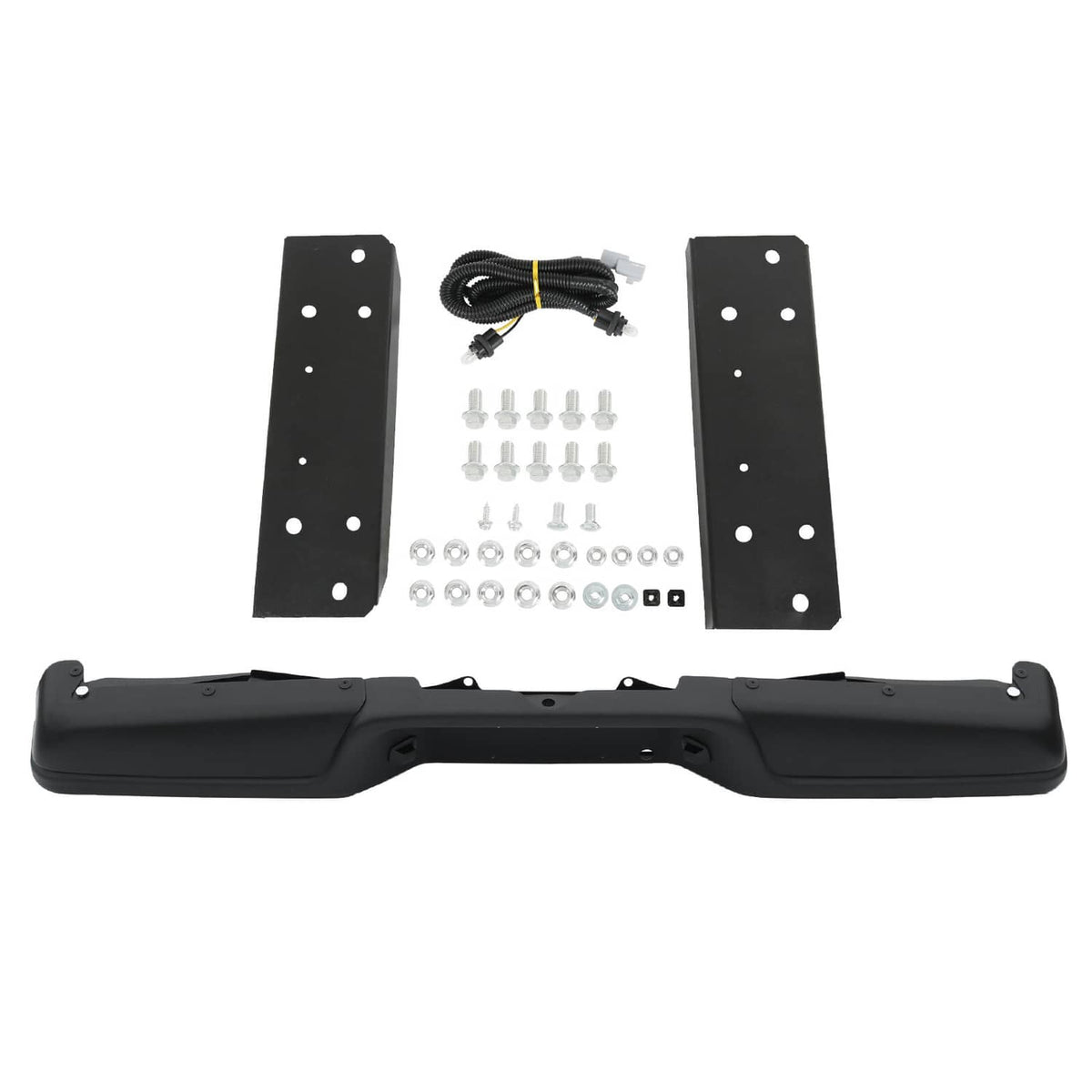 Rear step bumper kit with black bumper bar, side plates, hardware bolts, and wiring