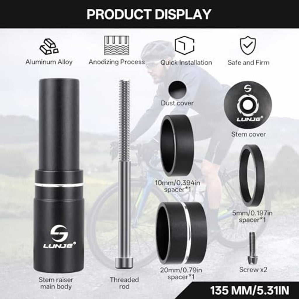 Black stem riser extender kit with main body, spacers, dust cover, and screw hardware