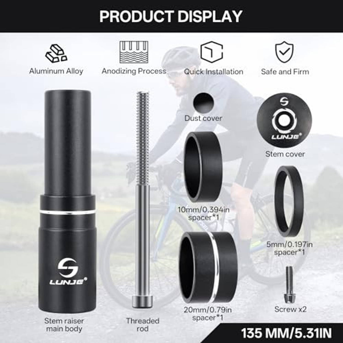 Black stem riser extender kit with main body, spacers, dust cover, and screw hardware