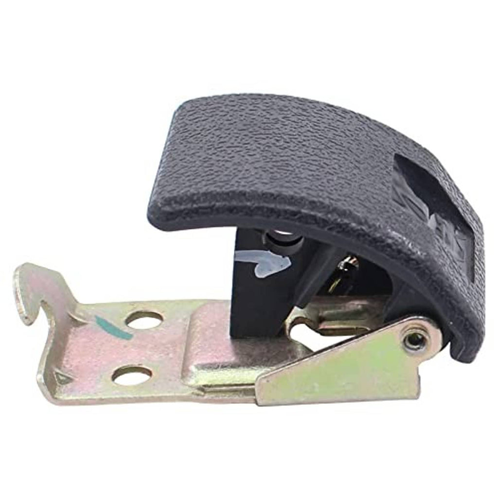 Hood lock release handle shown from side with black cover and metal latch mechanism