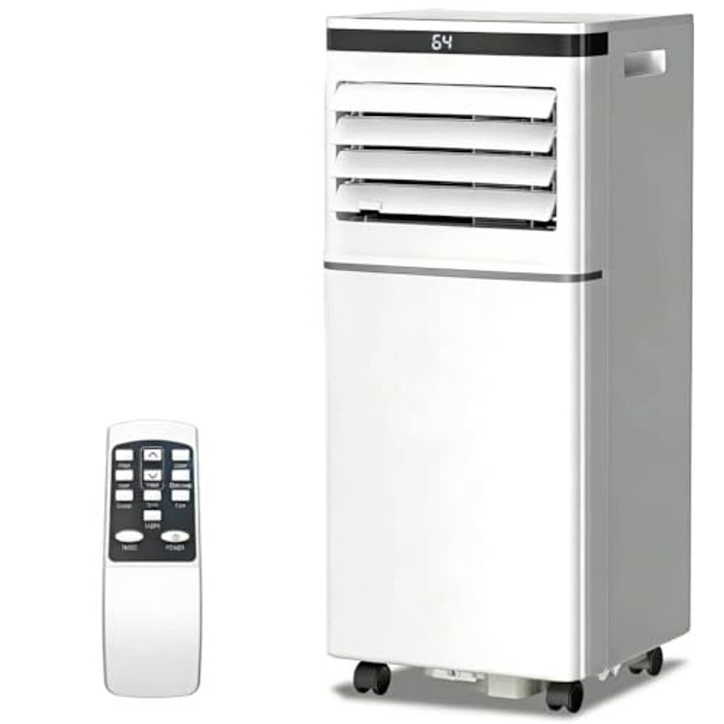 White portable air conditioner with black top display, front louvers, and caster wheels