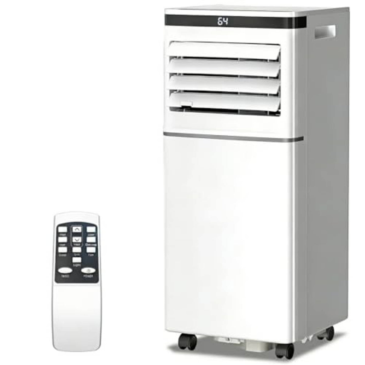 White portable air conditioner with black top display, front louvers, and caster wheels