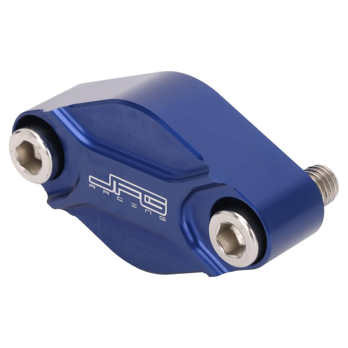 Blue CNC parking brake block-off plate side view with two silver mounting bolts