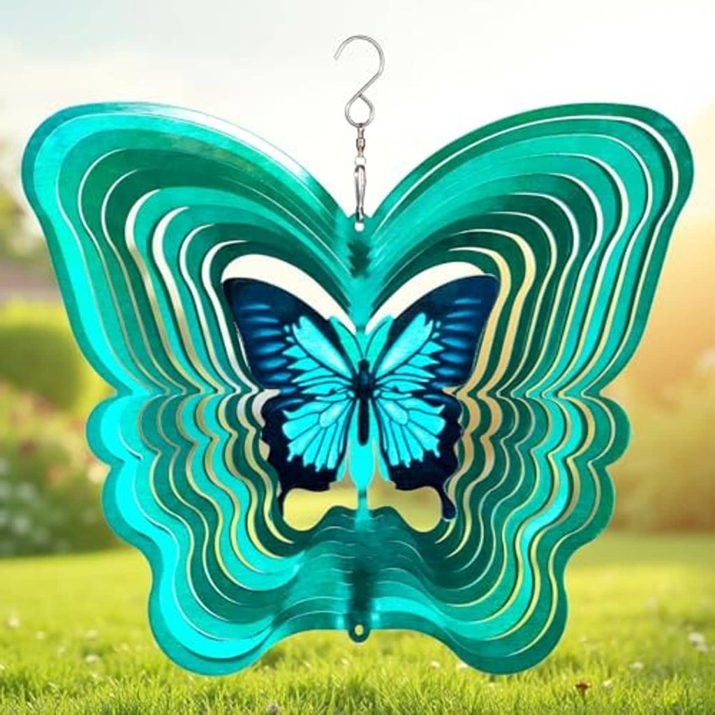 Turquoise butterfly wind spinner with blue wings, layered metal body, and hanging hook