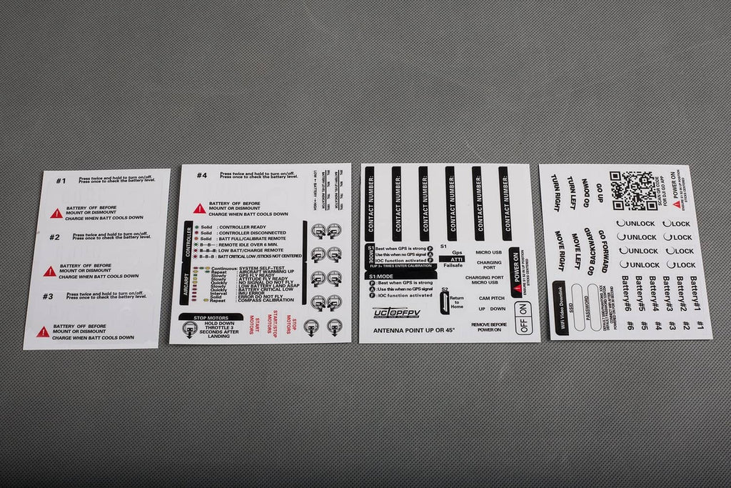 Multiple printed warning and instruction decal sticker sheets with QR codes