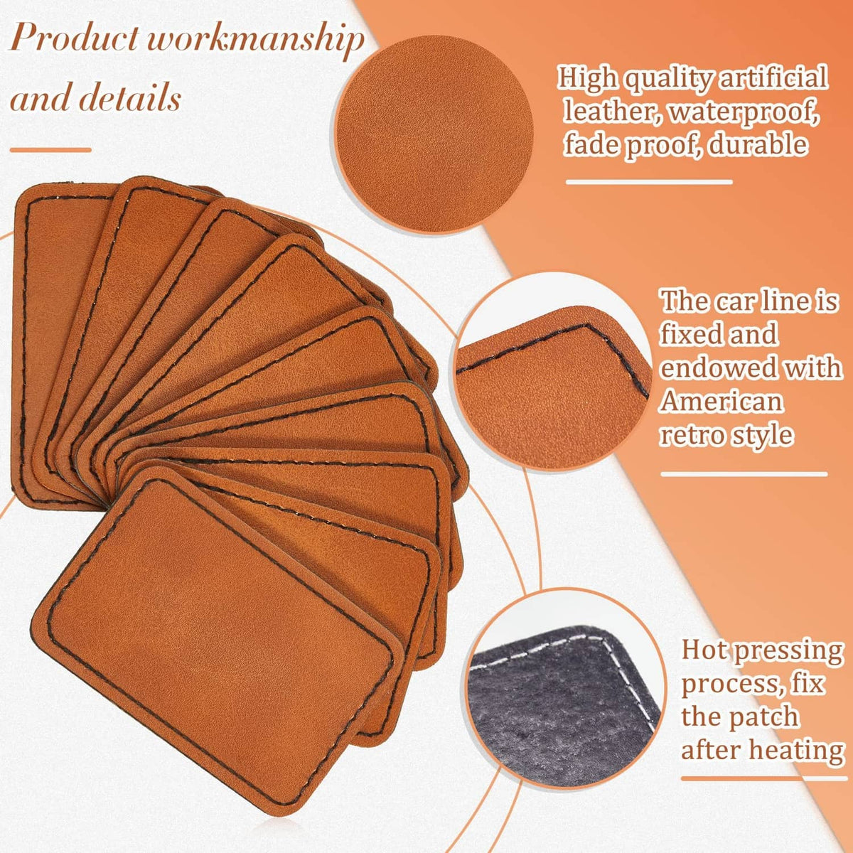 Tan leatherette hat patches bundle, blank rectangles with stitched borders