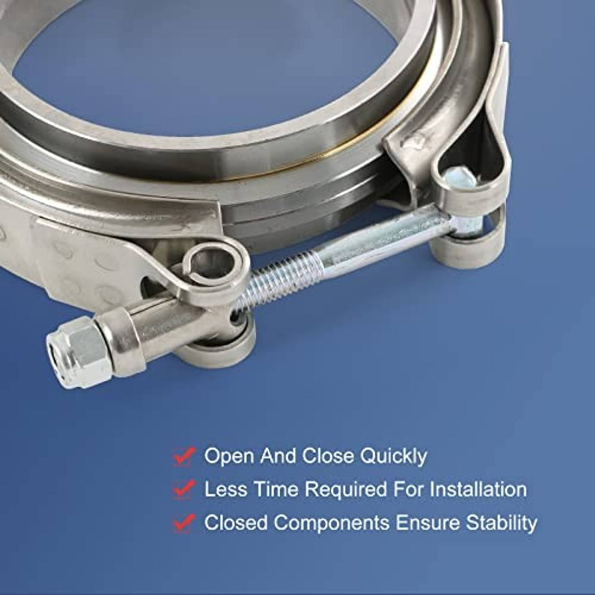 Stainless steel V-band clamp with hinged latch and screw tensioning band