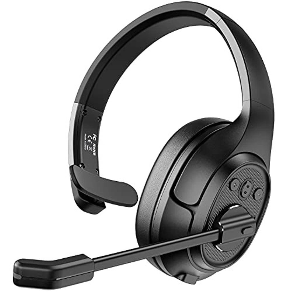 Black over-ear Bluetooth headset with boom mic, side controls on earcup