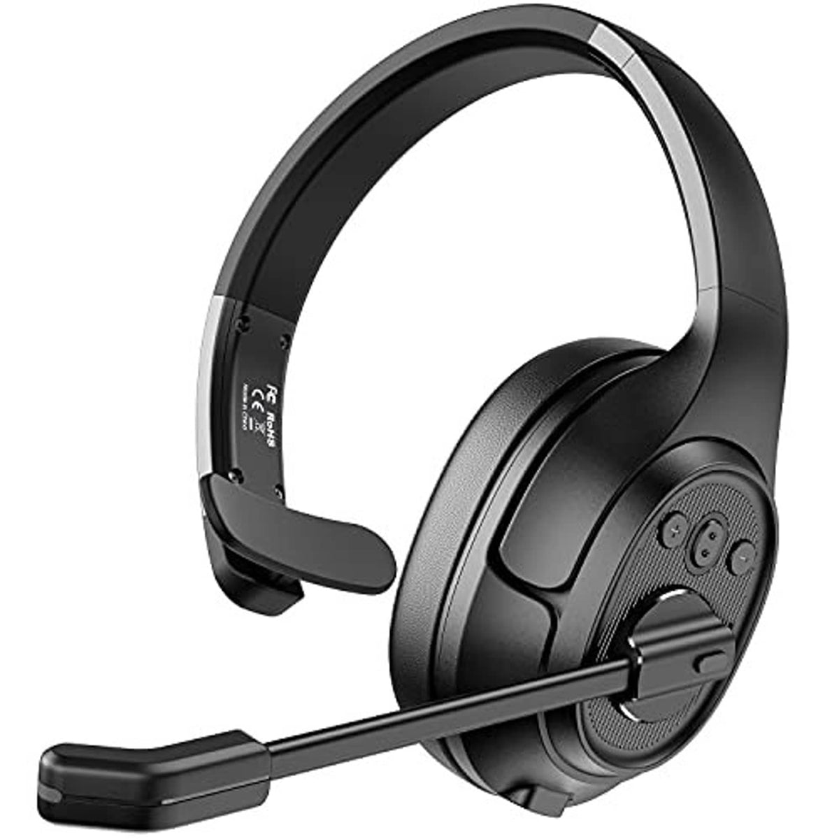 Black over-ear Bluetooth headset with boom mic, side controls on earcup