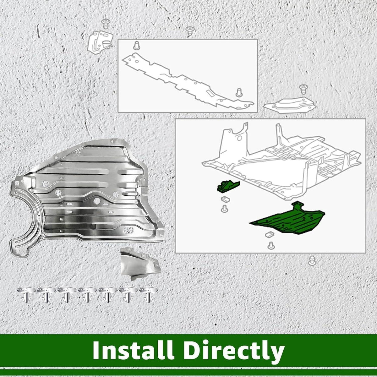 Engine splash guard cover kit with metal panel, clips, and mounting screws