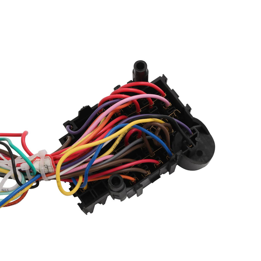 Universal wiring harness with multicolor wires on black mounting plate and circuit openings