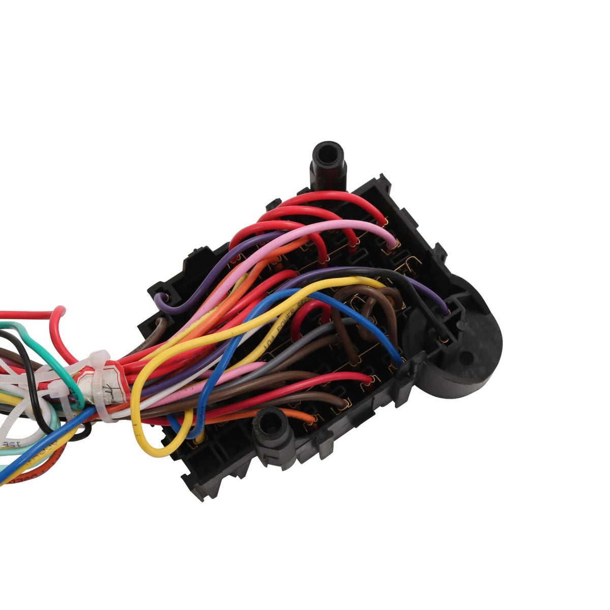 Universal wiring harness with multicolor wires on black mounting plate and circuit openings