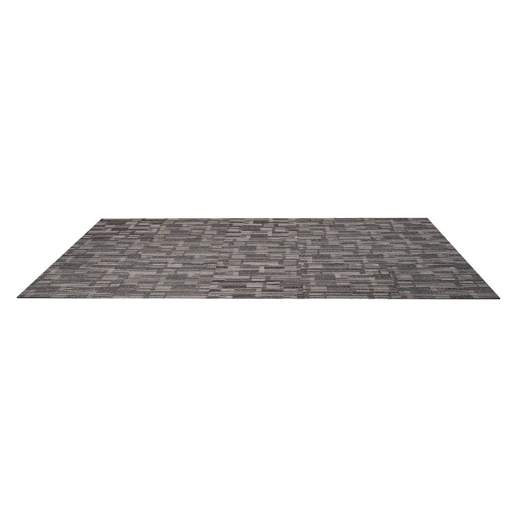Modular carpet tile, gray and brown patterned surface, flat rectangular rug 24x24 in
