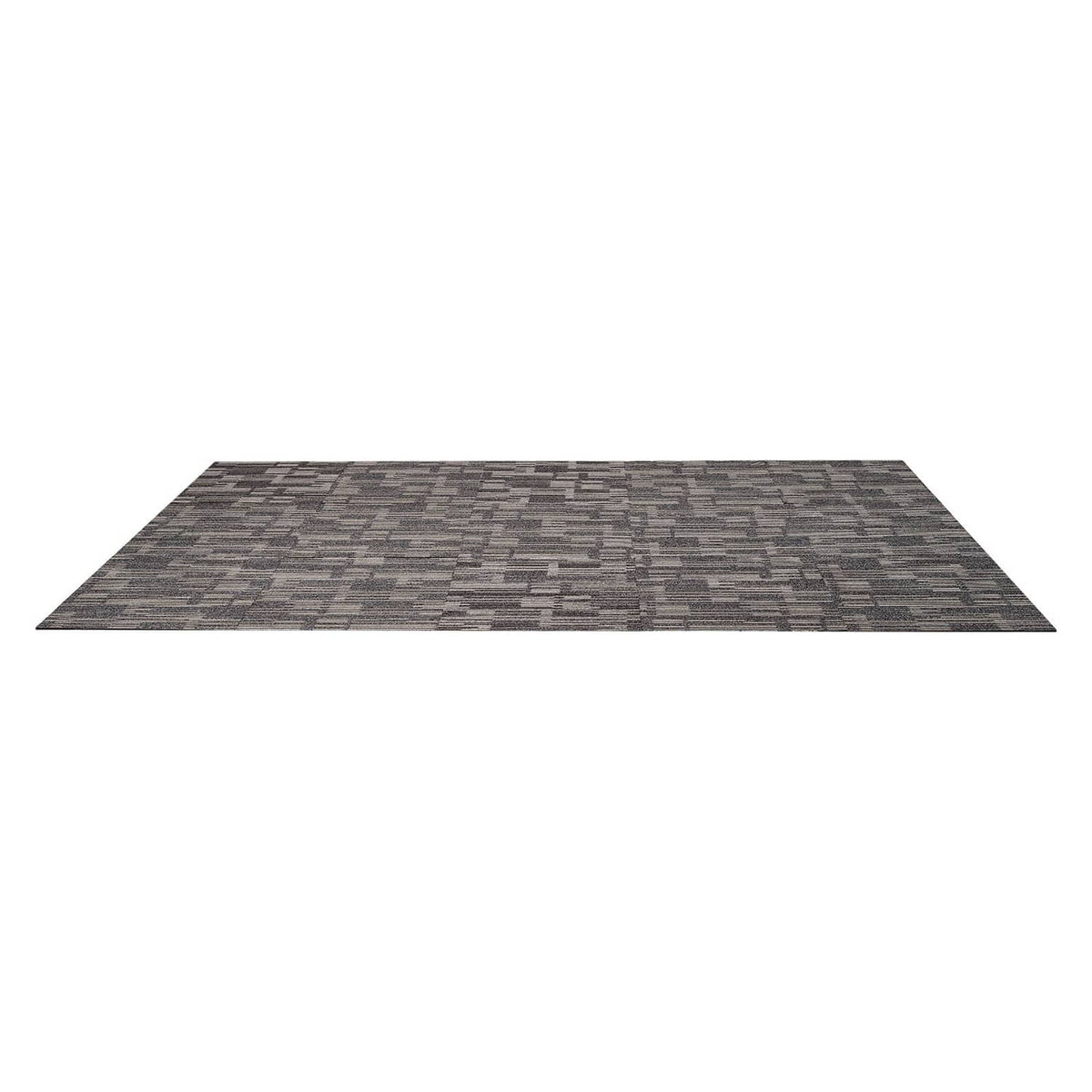 Modular carpet tile, gray and brown patterned surface, flat rectangular rug 24x24 in